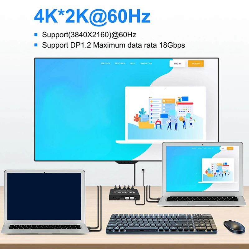 노트북 공유 키보드 마우스용 2 in 1 Out 스위치, 2 포트, 8K @ 30Hz Displayport1.2 스위치, 2 in 1 Out, 3 USB2.0 포트, 2 PC