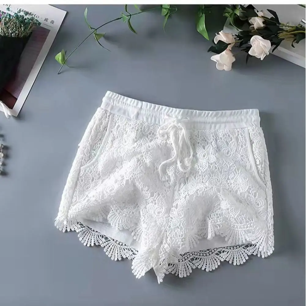 Boho Holiday Crochet Shorts for Women High Waist Hollow Out Lace-up Female Short Ladies Summer All-matching Trousers