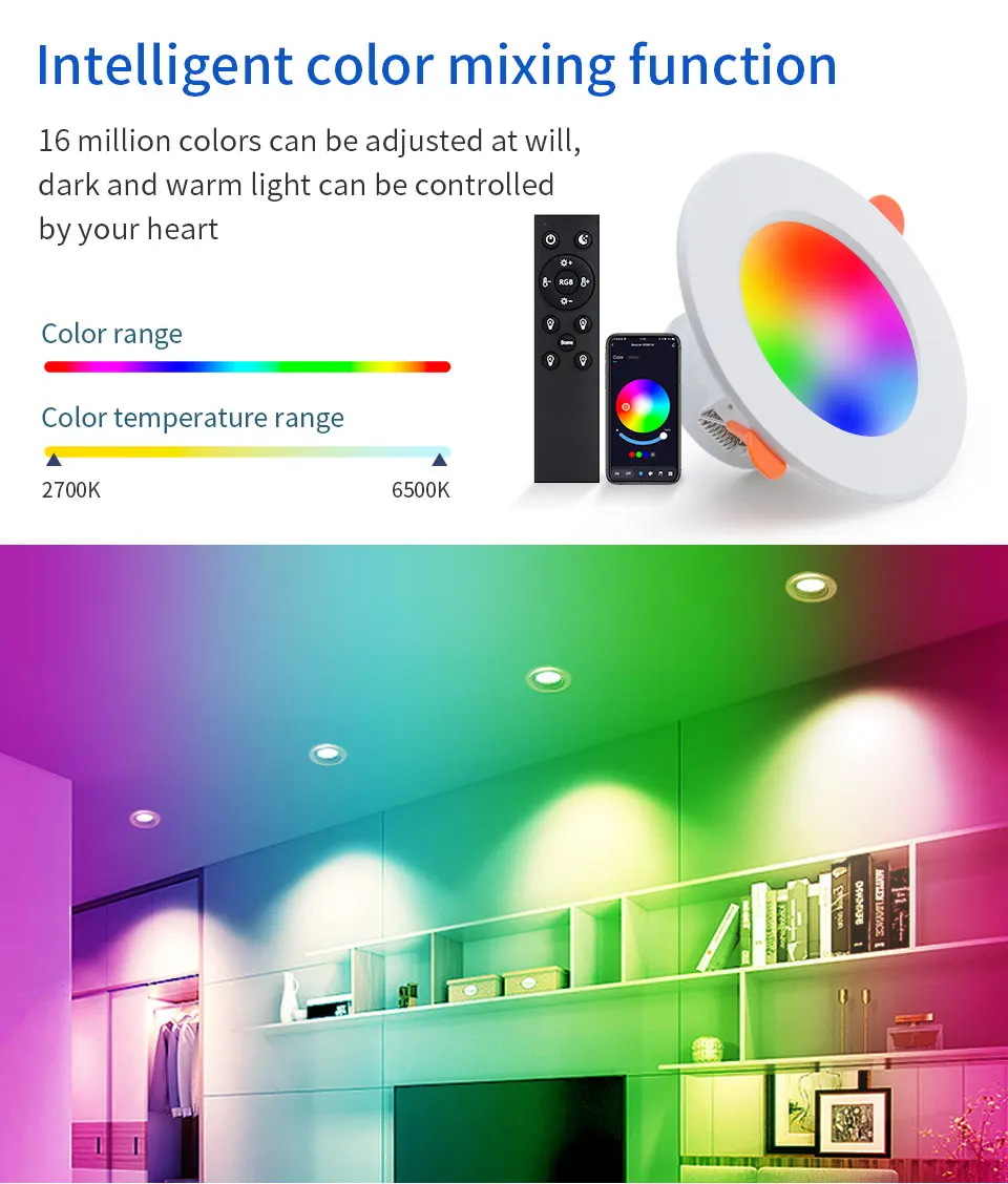 Description Picture 4 of item1-4Pcs Tuya Smart LED Downlight 220V 10W RGB WW CW Bluetooth Ceiling Lamp With Remote Control Dimmable For Bedroom Living Room