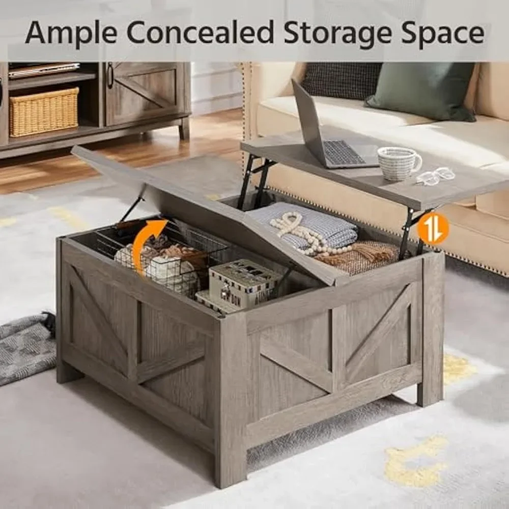 Lift Top Coffee Table, Square Farmhouse Coffee Table with Hidden Storage Compartment, Wood Center Table for Living Room, Gray 2