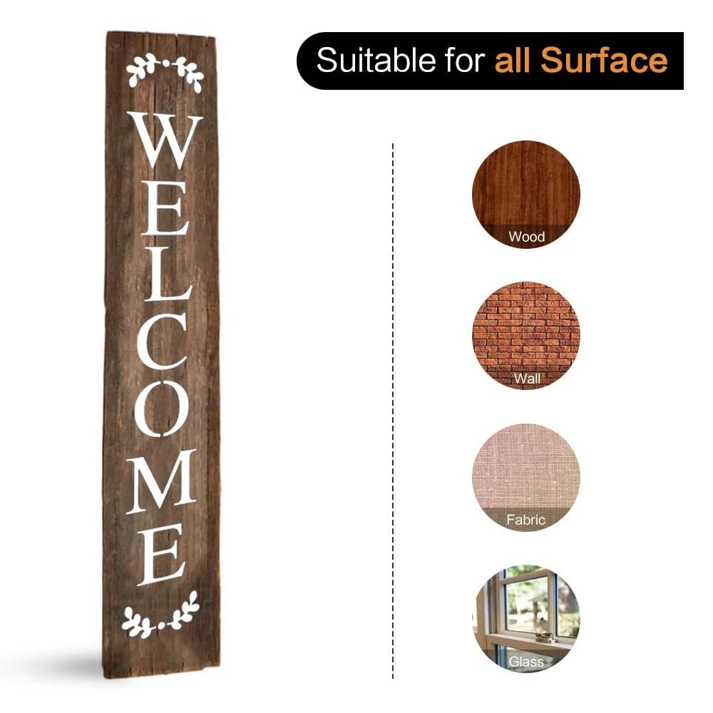 Welcome Sign Stencil, Large Letter Stencils for Painting on Wood Reusable Porch Sign and Front Door Vertical Decorating