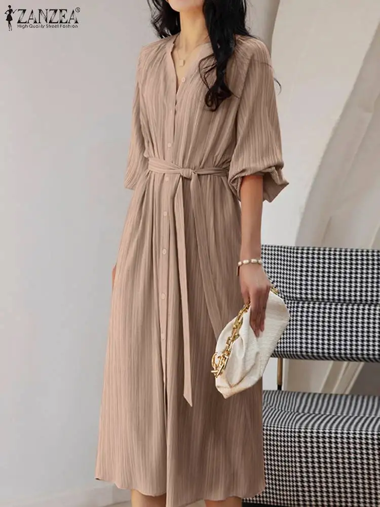 

2023 Autumn Long Dress ZANZEA Holiday Belted Casual Solid Robes Women 3/4 Puff Sleeve Vestidos Fashion Pleat Buttons Midi Dress