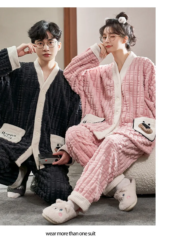 Yasuk Winter Women Men Casual Warm Soft Sleepwear Pajamas With Pant Velvet Fleecel Pink Bear Cute Couple Unisex Thick Pocket