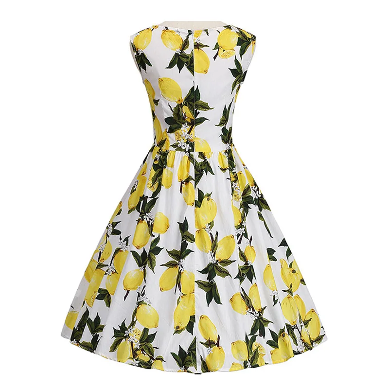 Lemon Print Vintage Cotton Dress Sleeveless Plus Size 4XL Women Pin Up Retro Dress Elegant Party Vestidos Ladies Summer Dresses