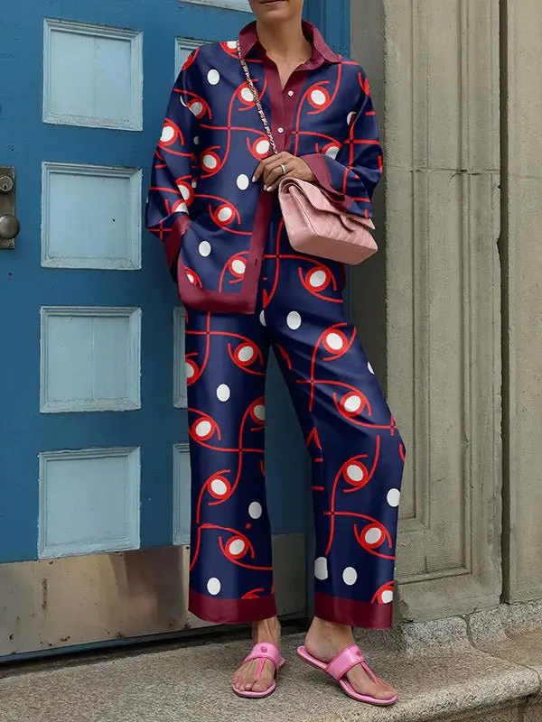 2024 Autumn New Loose Vintage Printed Pant Sets Women Long Sleeve Shirts And Wide Legs Trousers Two Piece Set Fashion Streetwear
