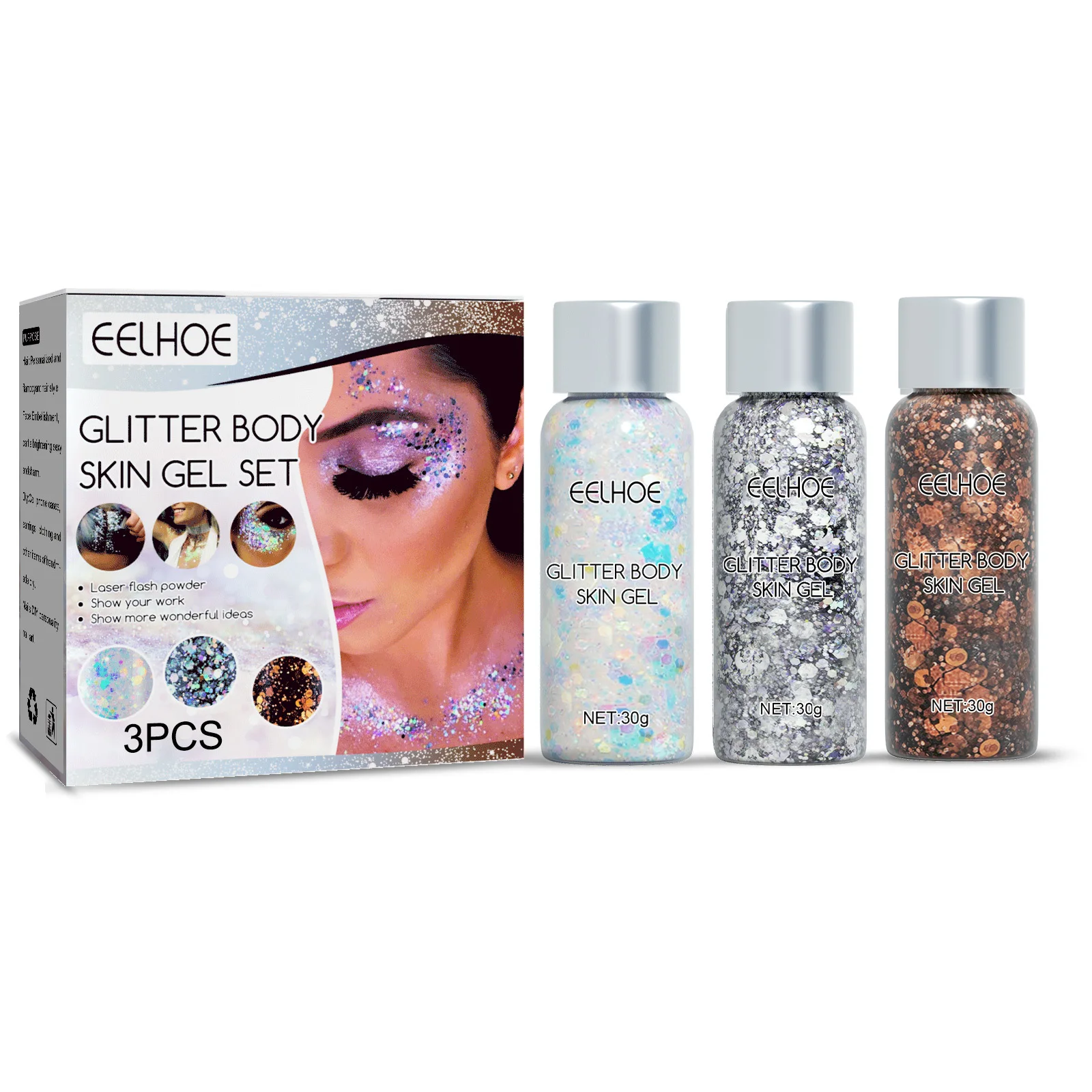 EELHOE Face Glitter Gel Makeup Mermaid Scale Party Stage Eye Nail Hair Body Art Flash Sequins Glitter Decoration Beauty Care 30g 6