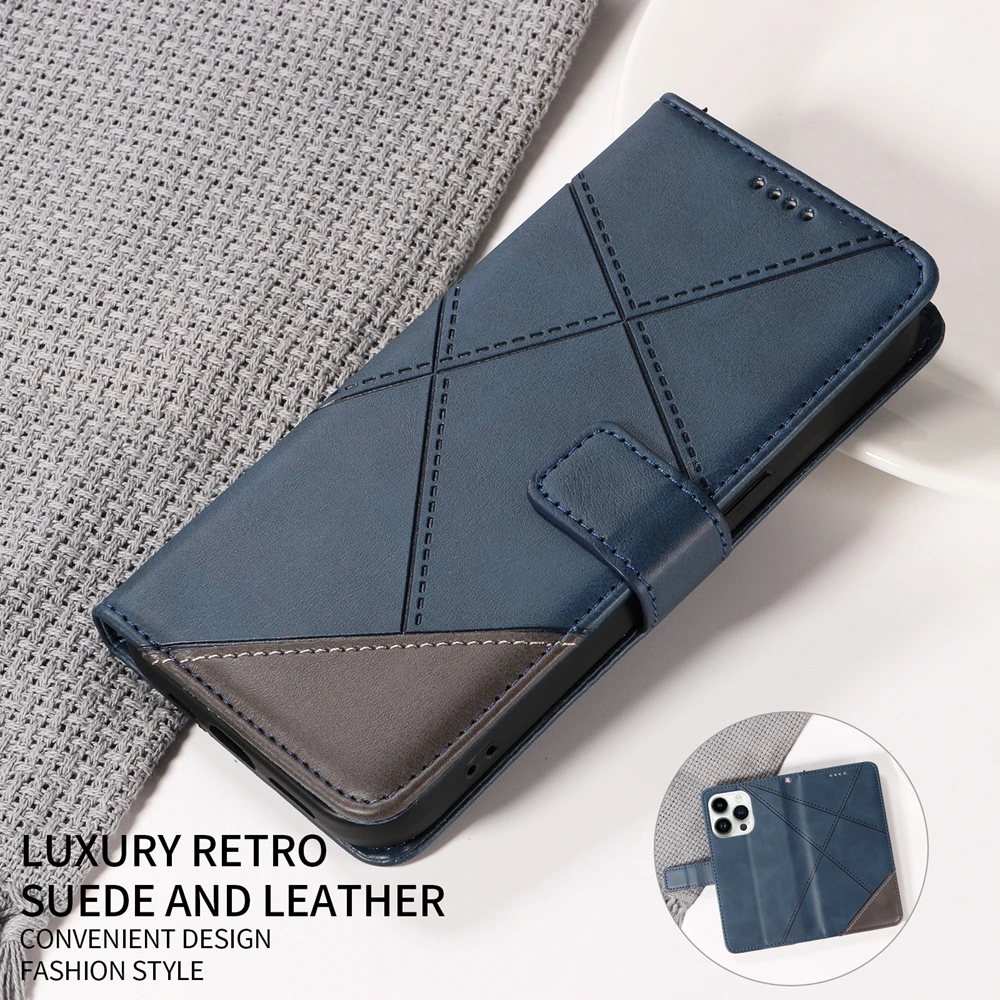 Magnet-Lederhülle für iPhone 18 17 Air 16e 16 15 14 13 12 Mini 11 Pro X XR XS Max 8 7 6 Plus SE Handy-Flip-Cover mit Gittermuster – Detail 7