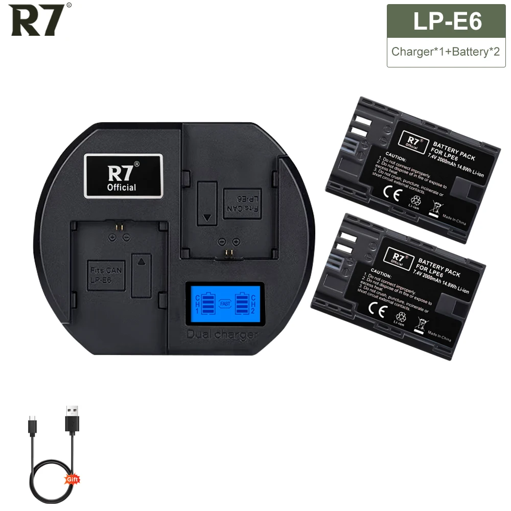R7 2 Pz Lp E6 Lpe6 Lp-E6 E6N Batteria 2000Mah + Lcd Doppio Caricatore Per Canon Eos 5Ds R 5D Mark Ii 5D Mark Iii 6D 7D 80D Eos 5Ds R