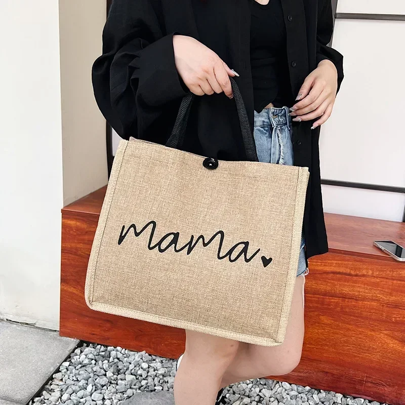 Women Tote Bag Fashion Mama Letter Printing Linen Handbag Large Capacity Baby Diaper Bag Casual Shopping Shoulder Bag Mom Gifts 4