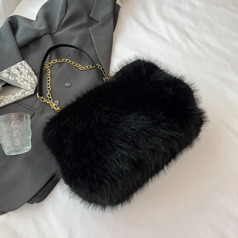 Modische Halbmond-Plüsch-Umhängetasche für Damen, Designer, flauschige Kunstfell-Handtasche, Kette, Unterarmtasche, 2025, Winter-Geldbörse, Klappentaschen – Detail 9