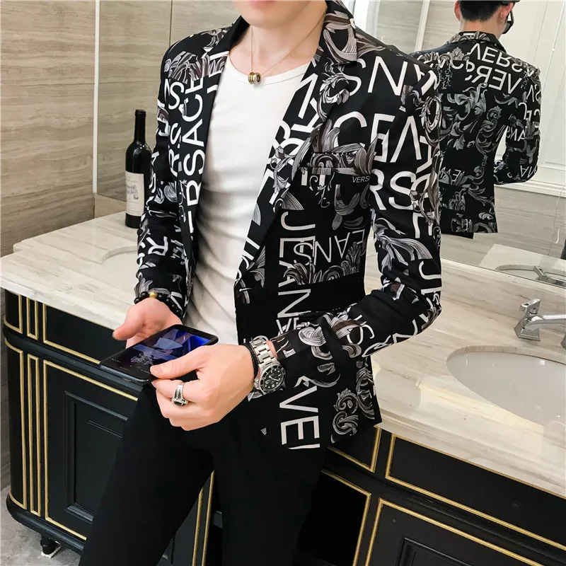 Spring and Autumn Men Suit New Product Fashion Trendy Men's Letter Printed Small Suit Floral Men's Casual Clothing
