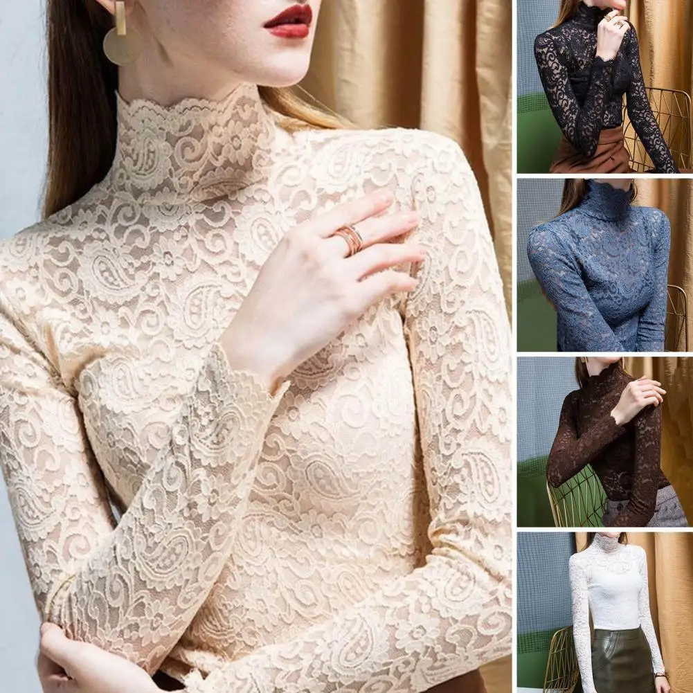 Women Bottoming Top Stretchy Women Bottoming Blouse Slim Fit Women Lace Bottomed Tops Female Clothing Daily Collocation