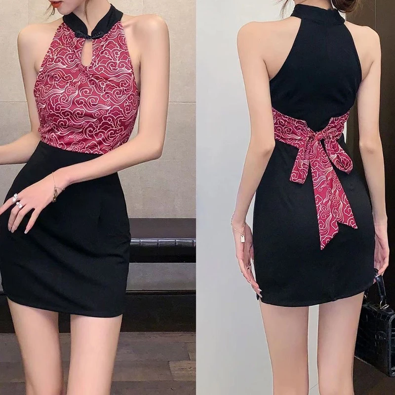 Dress female summer girl improved sexy neck contrast fake two-piece lace-up fashion hip cheongsam skirt