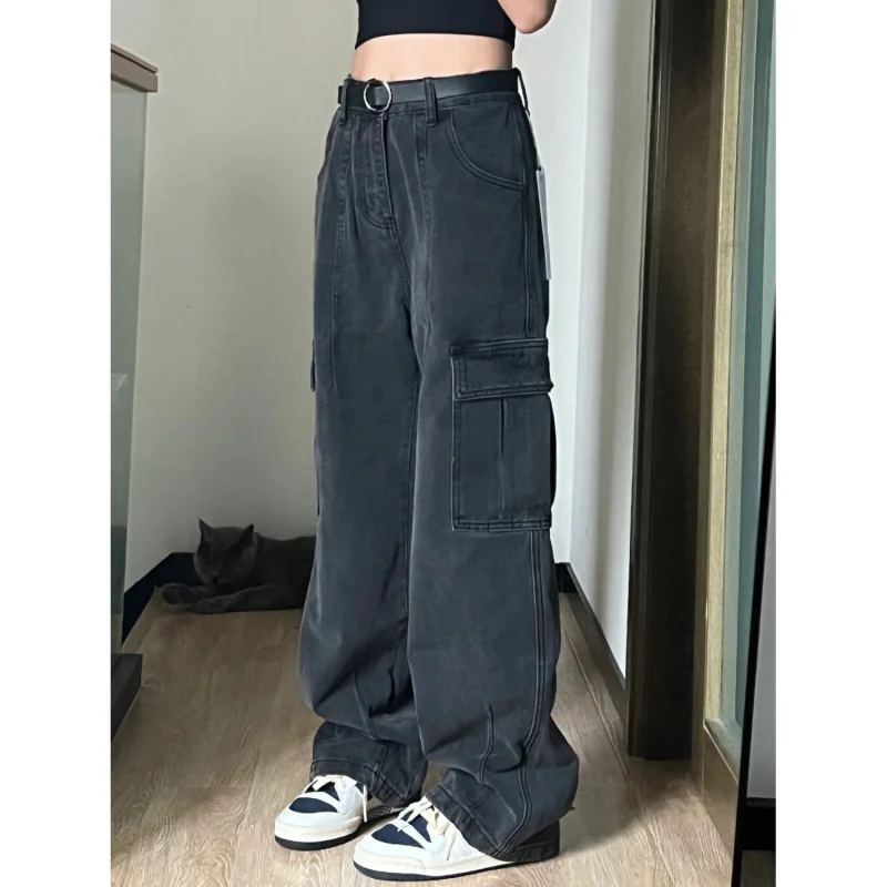 

New Fashion High-quality Design Tooling Mopping Jeans High-waisted Straight-leg Pants Loose and Thin Wide-leg Trousers Ins Tide