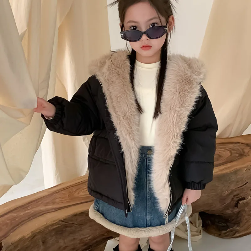 

Children's cotton clothes, children's clothing, winter new girls' fur hooded and thickened cotton padded 4-111