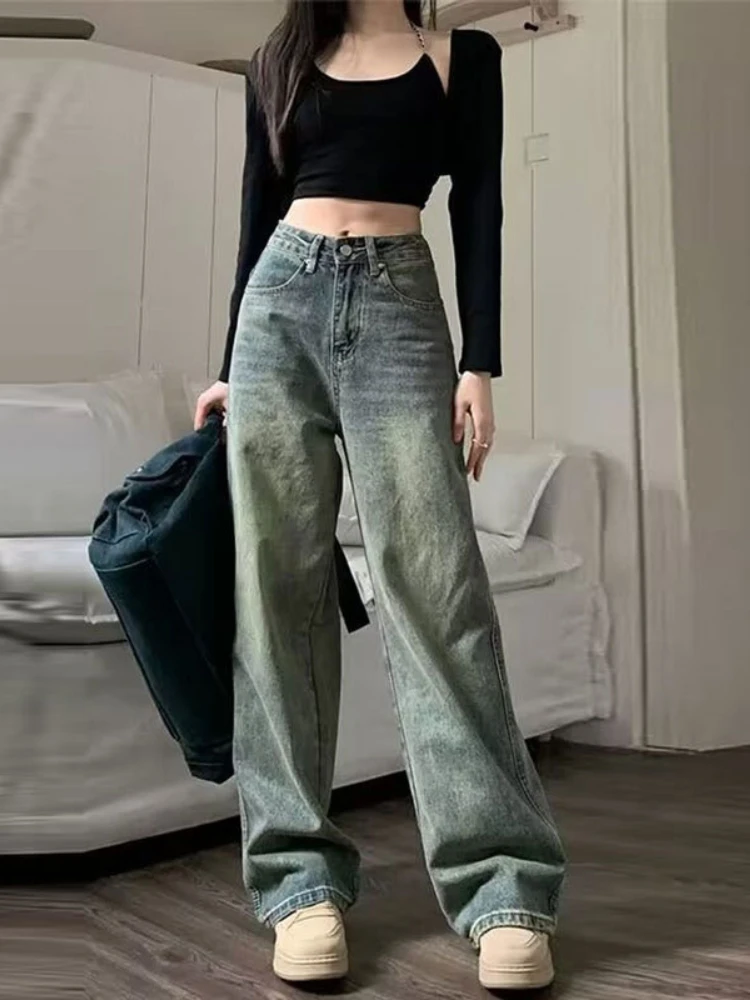 Винтажные мешковатые джинсы QWEEK 90-х, женские повседневные свободные прямые брюки Y2K с высокой талией, уличная одежда из потертого денима, джинсы с широкими штанинами