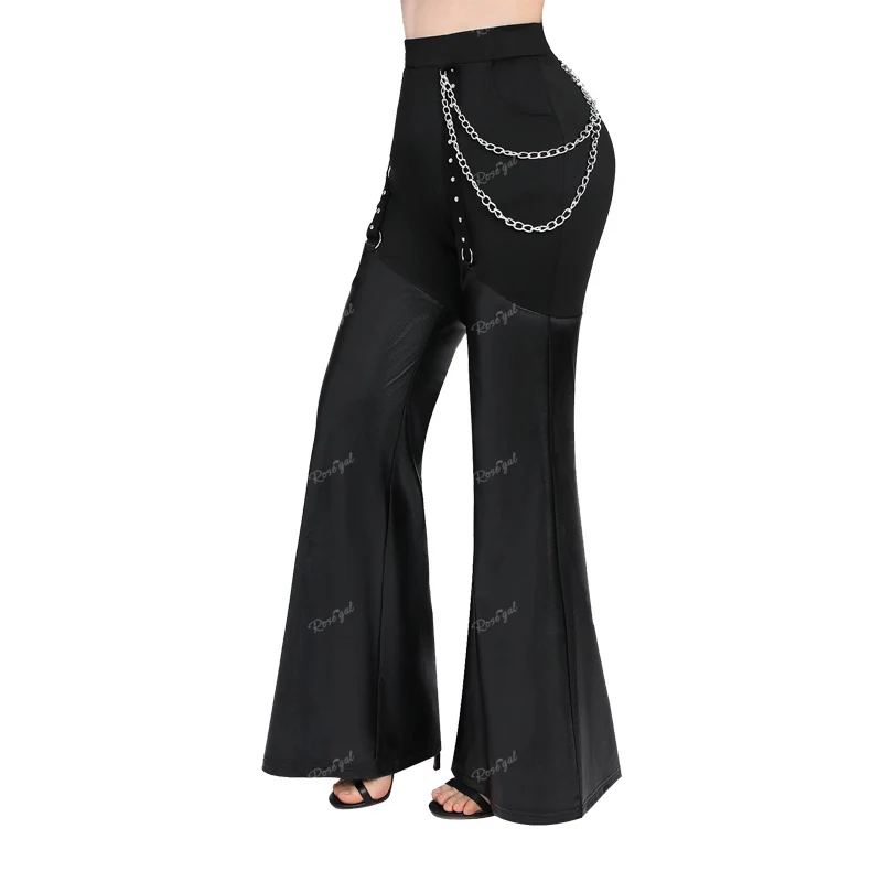 ROSEGAL Plus Size Black Flare Pants Chain O-Ring PU Leather Patchwork Grommet Pocket Trousers 2023 Women Fashion Casual Pants 4X retro luxury double ring buckle for women trousers thin jeans fashion waistband pu leather belt waist strap waist belt