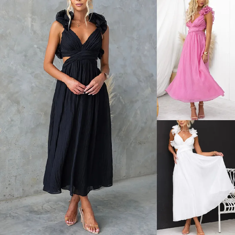 

WildPinky Summer A Line Women Dresses 2024 New Arrivals Casual Pleated Flowers Dress Gown Black Birthday Holiday Dress Women