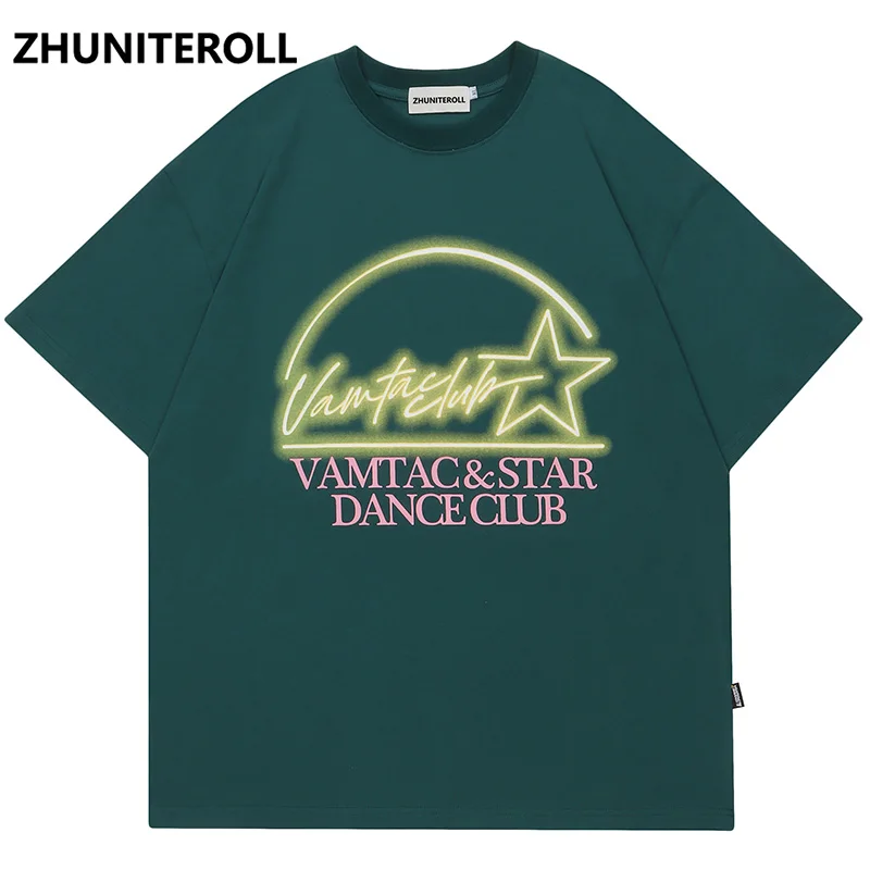 

Men Hip Hop Streetwear T Shirts Fluorescence Star Letter Print Punk Tshirt Harajuku Fashion Casual Loose Cotton Black Tee Top