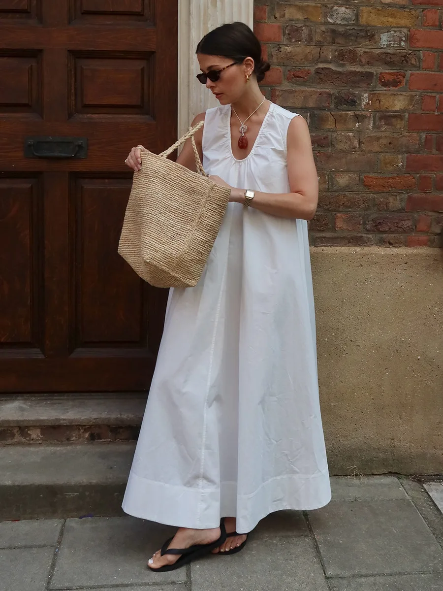 Bornladies Women's 2026 Summer New Sleeveless Dress 100% Cotton Refreshing Breathable Vacation Casual U-Neck Loose Maxi Dress