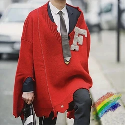 RAF SIMONS Vintage Badge Damaged Irregular Loose Red Sweater Knit Men Women Top Quality Casual Sweatshirts