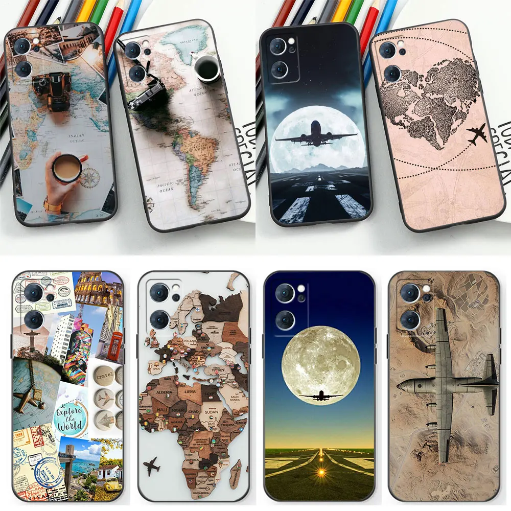 W-World M-Map Travel Airplan Plane Phone Case Per Oppo Reno 10 8 8T 7 7Z 6 5 4 Pro Plus Trova X5 X3 X2 Pro Lite 5G Cover