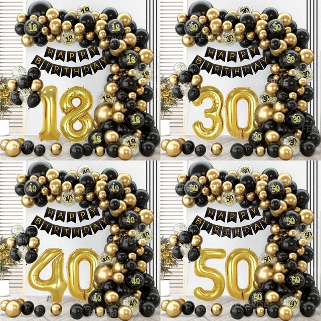 Decoraciones de cumpleaños número 50 para hombres y mujeres – (60 unidades)  pancarta de fiesta de oro negro, globos dorados de 40 pulgadas, globo de