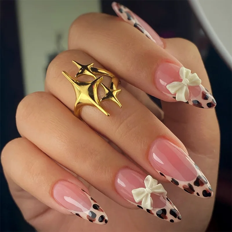 Fake Nails 24Pcs French Style 3D Bowknot Designs Short Square Press on Nails Sweet Korean Fashion for Women Girl