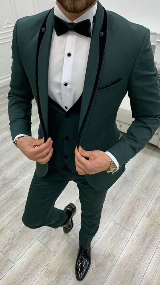 Mens Green 3 Piece Suit Elegant Wedding Prom Dinner Slim Fit Tuxedo Coat Pants  Clothing