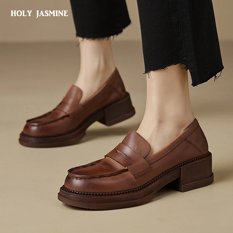 

2023 Spring Autumn Classic Women Pumps Thick Heels Genuine Leather Loafers Shoes Woman Retro Concise Office Ladies Casual Shoes