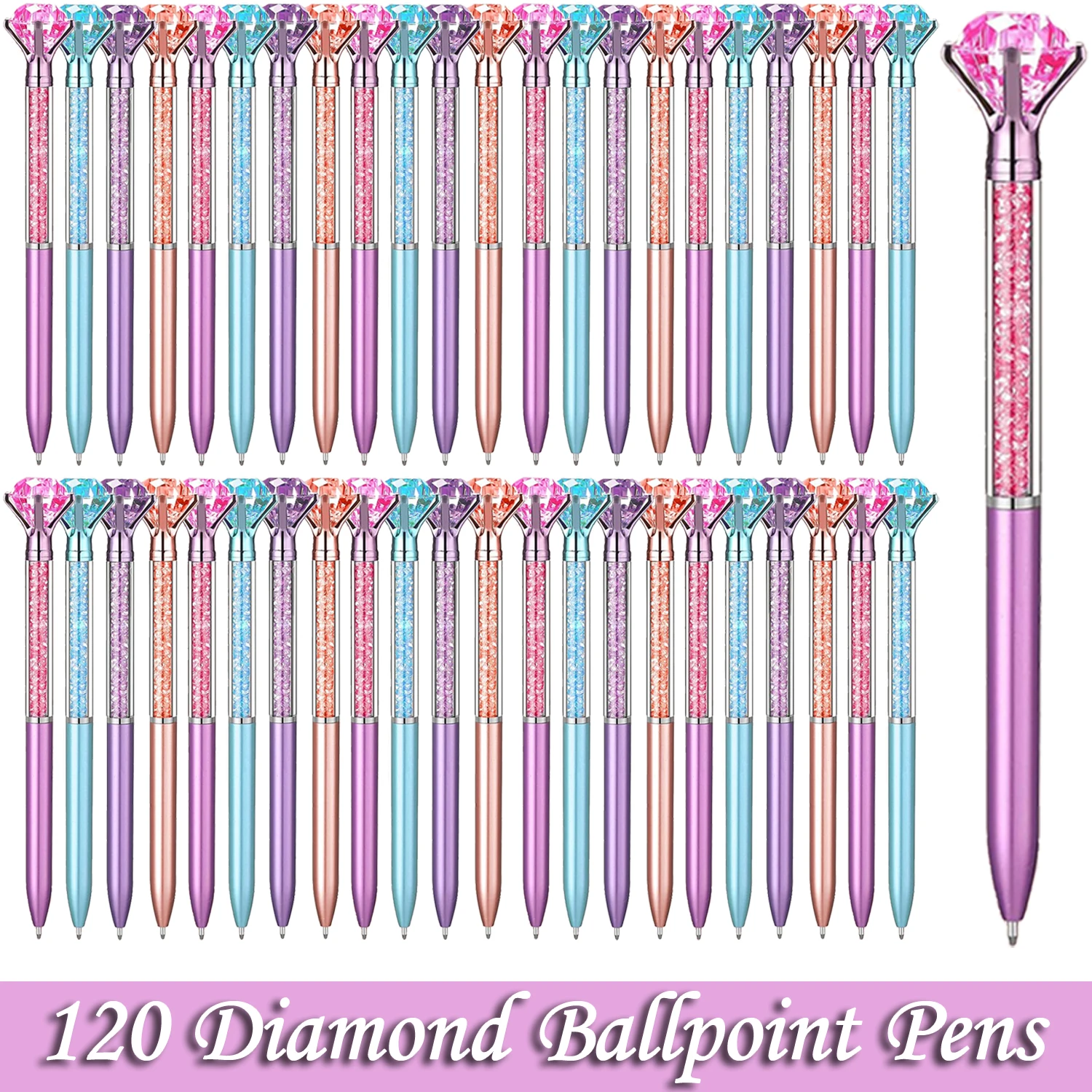 

120Pcs Big Crystal Ballpoint Pens Bling Diamond Pens Black Ink Rhinestones Pens