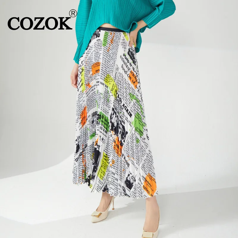 

COZOK Casual Fashion Skirt A-shaped Medium Long High Waist Dropping Feeling Loose Leisure Pleated Women Skirts 2024 New WT915
