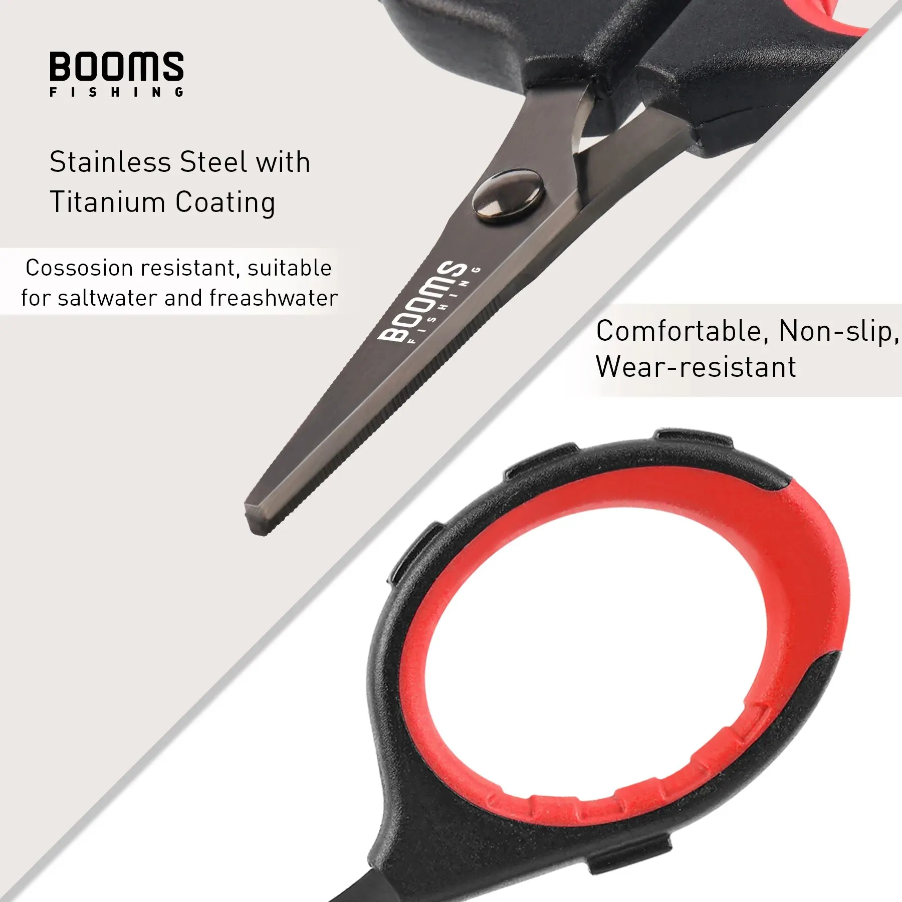 Fishing Scissors Booms Fishing S05 Braid Wire Scissors Stainless Steel Titanium Coating Antirust Anti-Slip Handle Sharp Fish Line Cutter Tools
