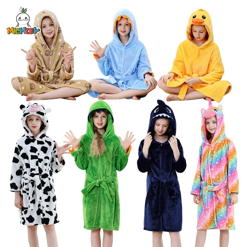 Kids Pajamas Set MICHLEY Cow Dinosaur Flannel Children Bathrobe Hooded for Girls Boy 3Y-13Y