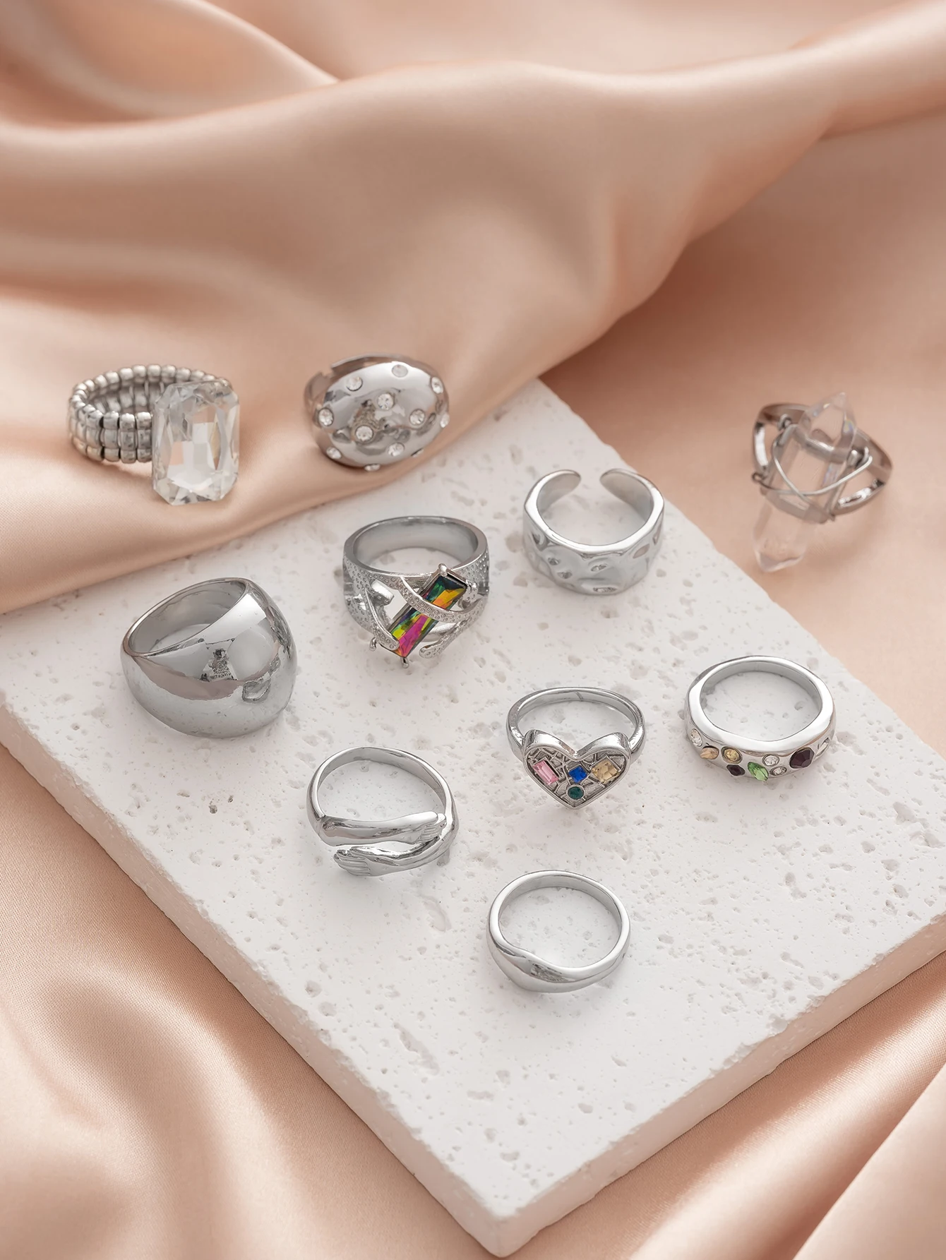 10PCS Personalized Hip Hop Color Synthetic Zircon Inlaid Ring Set for Women
