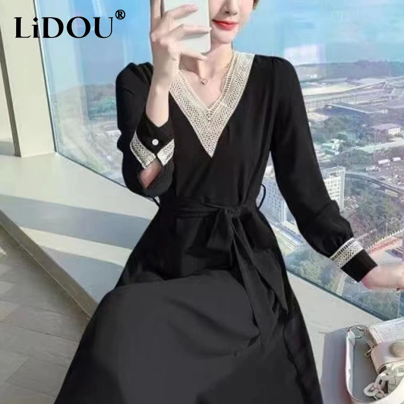 

Spring Autumn Lace Patchwork V-neck Korean Style Dress Ladies Long Sleeve Belt Robe Femme Elegant Fashion Temperament Dresses