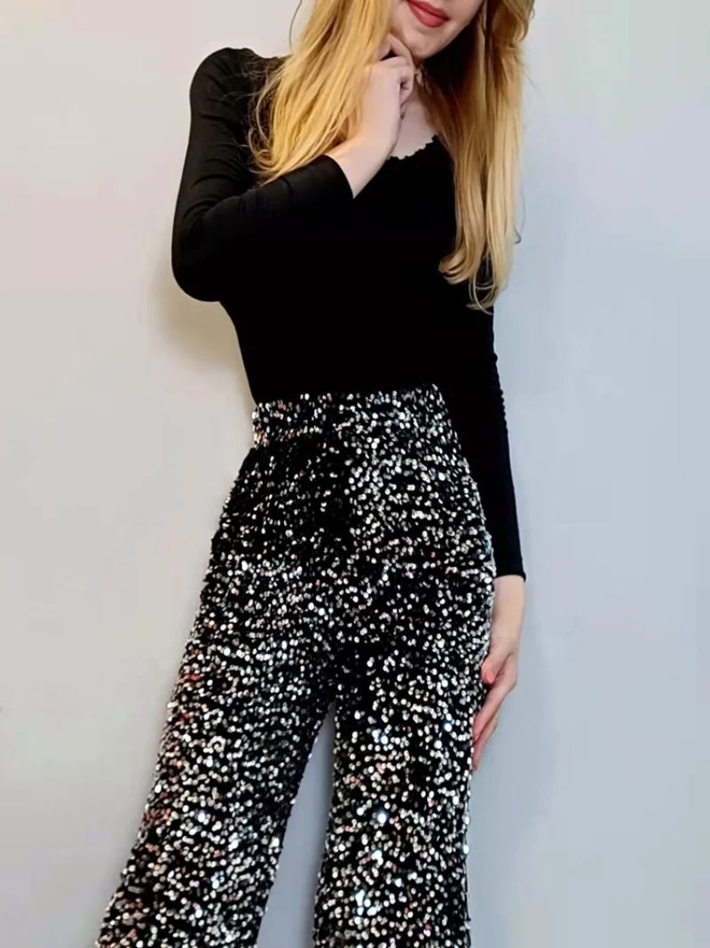 The New Women's Fashion Trendy Sparkling Gold Pants Relaxation of Tall Waist Wide-legged Pants Women's South Korean Style 2023