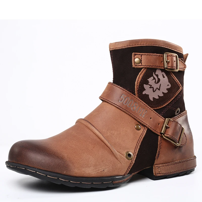 WInter Fashion Men's Shoes Boots Warm Leather Vintage Motorcycle Male Boots Riding Retro Metal Style Zippers Men's Shoes