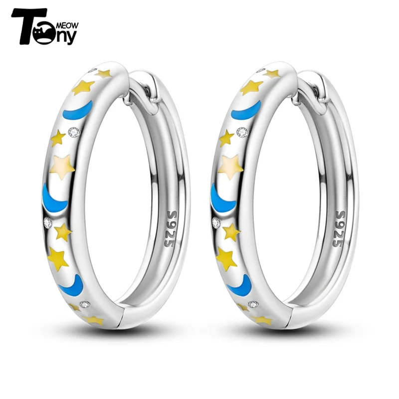 925 Sterling Silver Hoop Earrings For Women Star Moon Paint Feather Musical Note Colorful Zircon Fashion Earrings Women Gift