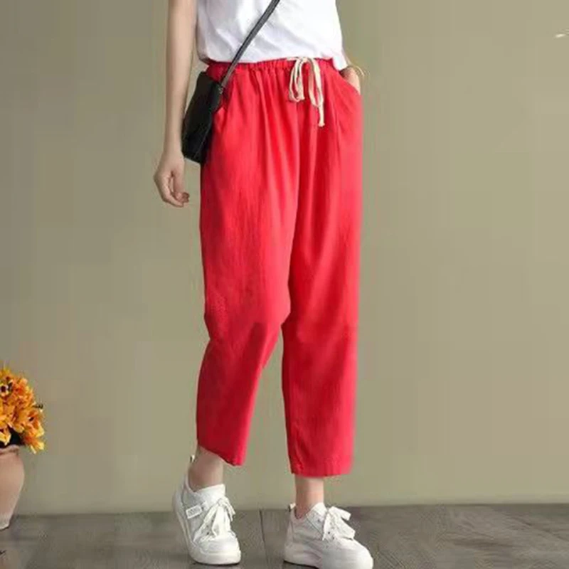 thumbnail image 1 of Pantalones harén de lino y algodón de moda para mujer, pantalones holgados de cintura alta elásticos hasta los tobillos, pantalones casuales sólidos con bolsillos retro para mujer, 1 of 5
