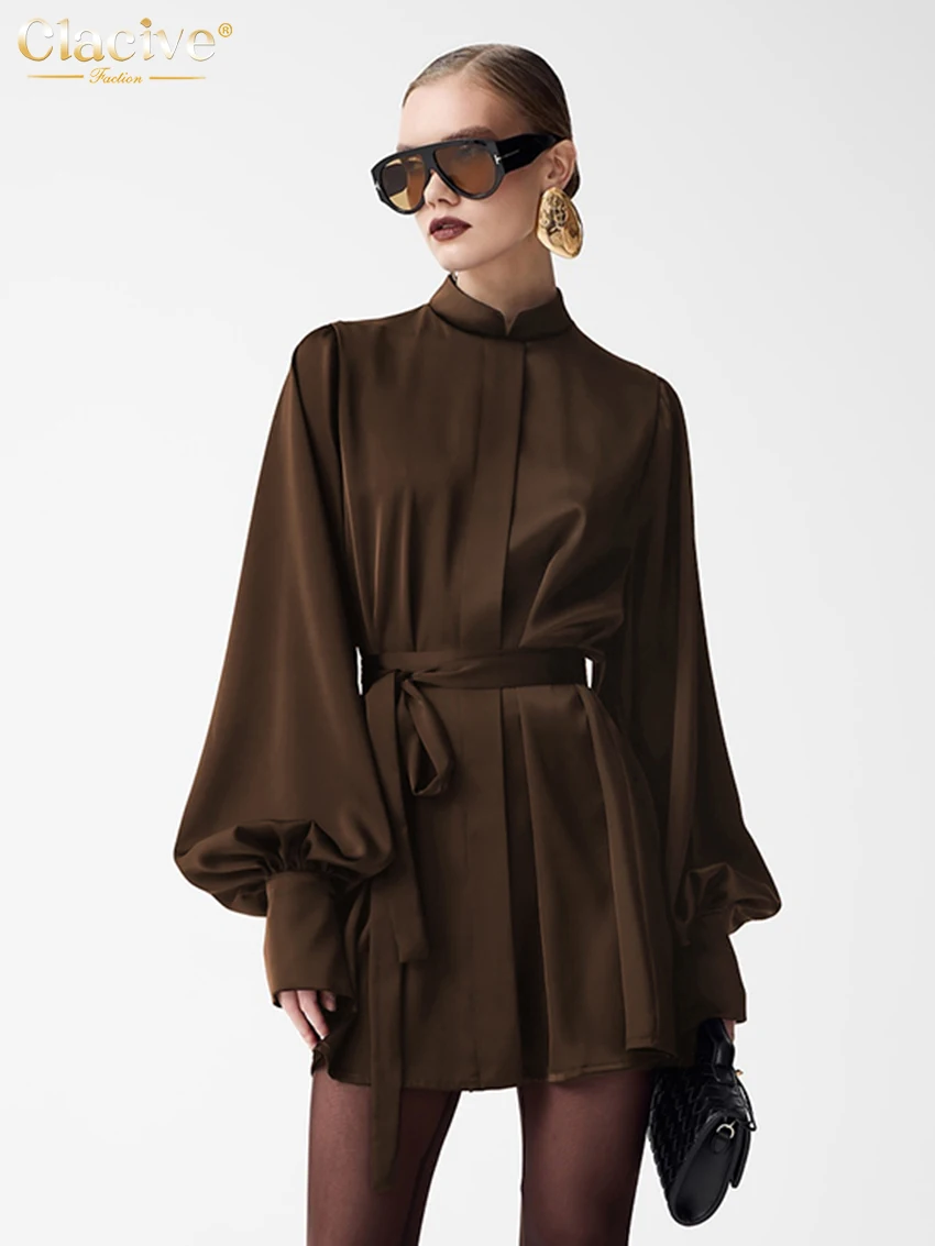 Clacive Fashion Loose Brown Satin Women's Dress 2025 Casual Stand Collar  Long Sleeve Mini Dresses Elegant Lace-Up Female Dress - AliExpress 200000345
