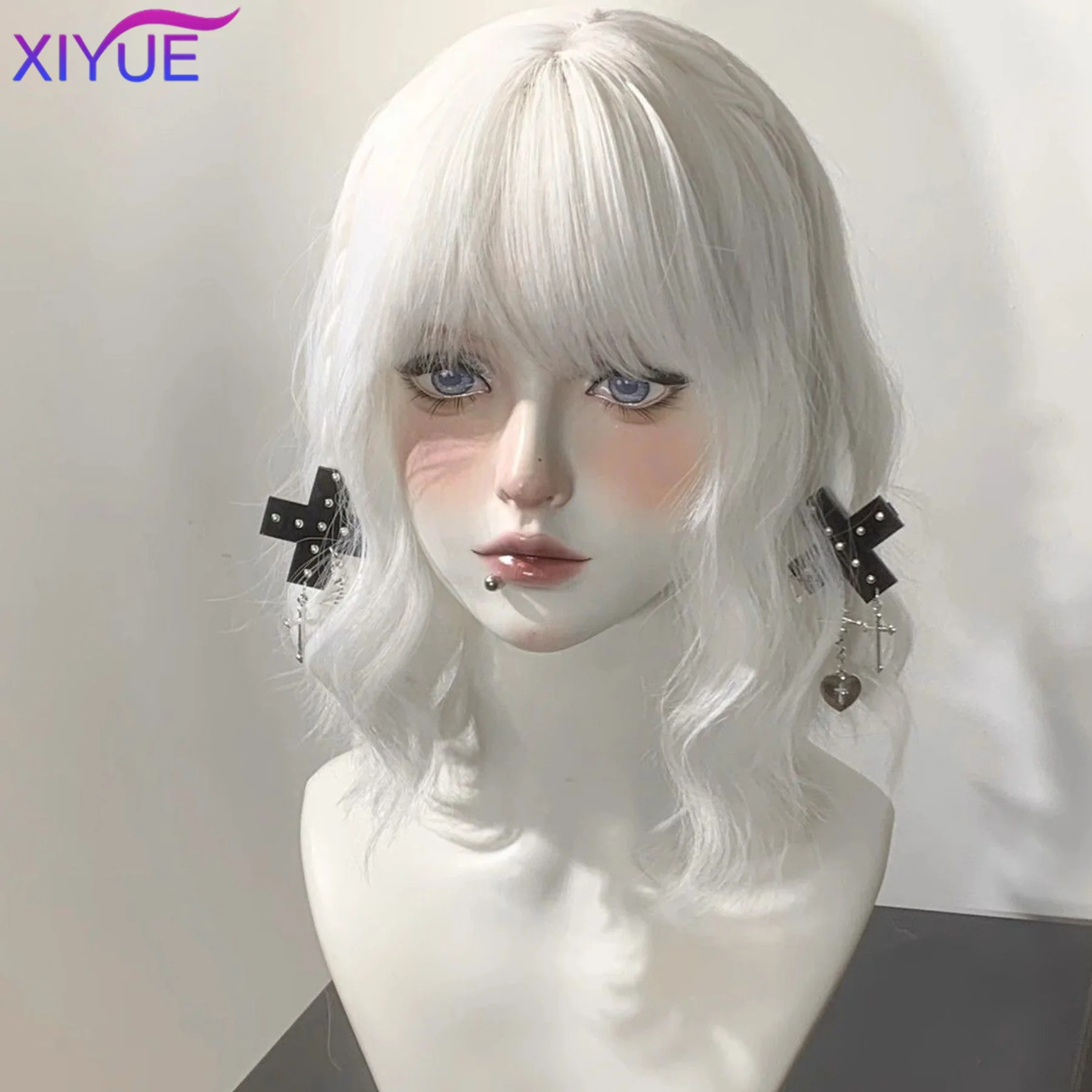 XIYUE Short Straight Bob Wigs for Women white Synthetic Natural Hair Wig with Bangs Heat Resistant Cosplay Daily Use Hair