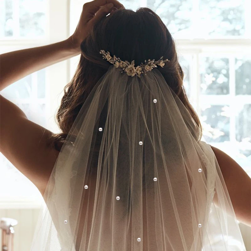 Velo Da Sposa Corto Con Perle - Velo Bianco Tulle Per Matrimonio - Foto 3