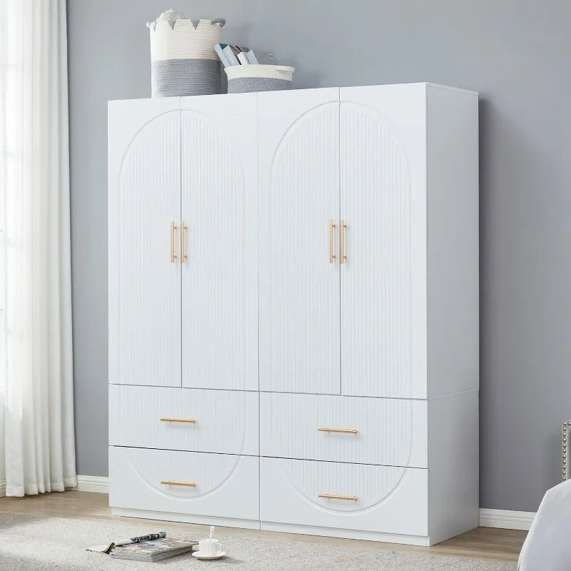 74" Wooden Armoire Wardrobe Closet 4Door 4 Drawers Tall Cabinet Closet Wardrobe for High Storage Capacity White Closet Cabinet