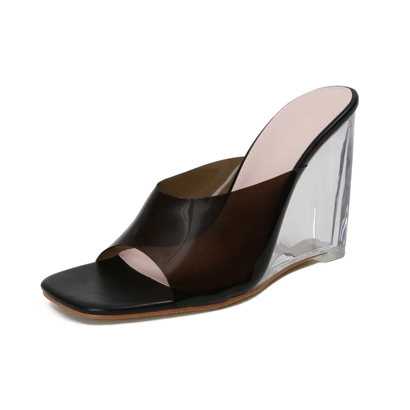 New Sandals Women Summer High-heeled Wear Thick Heels Transparent PVC Broadband European and American Sandals Ladies Slippers