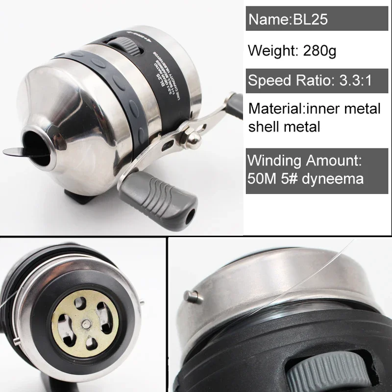 BL25 Fishing Reels Stainless Steel Metal Wheel Closed Fishing Wheel Spinning Fish Reel for Slingshot Shooting Fish with Dart