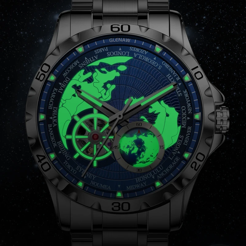 Montre mécanique de luxe GLENAW Earth Series pour homme, avec seconde main rotative, lumineuse et étanche, modèle 2025_voghion.com