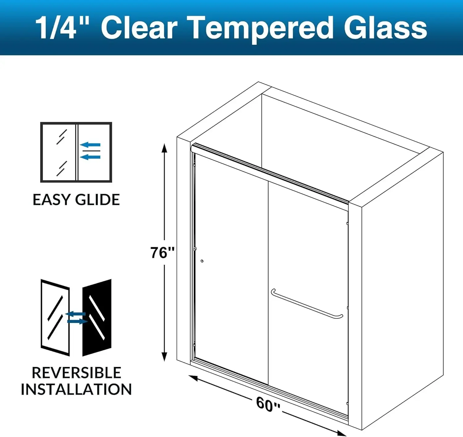 Shower Door,60" W x 76" H, 1/4" Tempered Glass Shower Door, Sliding Shower Glass Door, Easy to Clean, Matte Black Finish 6