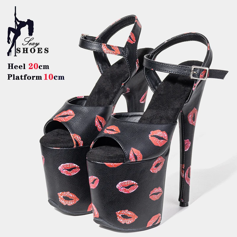 20CM/8inche High Heel Women Sandals Sexy Red Lip Print Upper Platform Models Shoes Open Toe Pole Dance Shoes Exotic Lady Stileto
