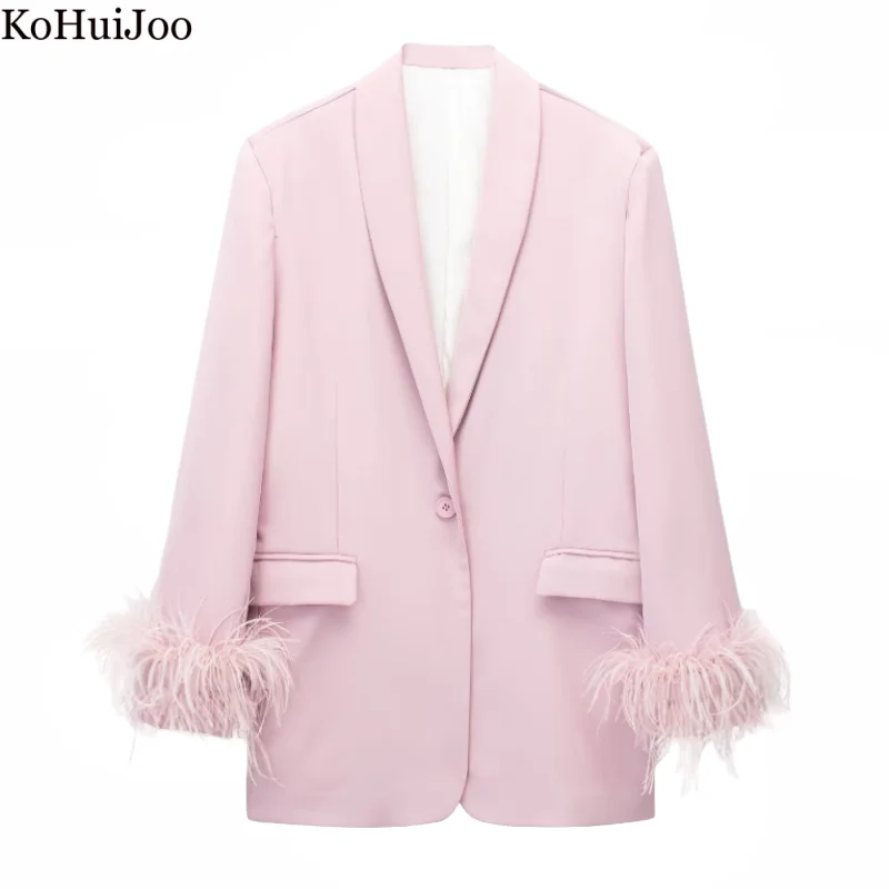 

Kohuijoo Feathers Coat Women Pink White Autumn New Traf 2023 Solid Color Pocket Design Long Sleeve Straight Blazers Jacket Loose